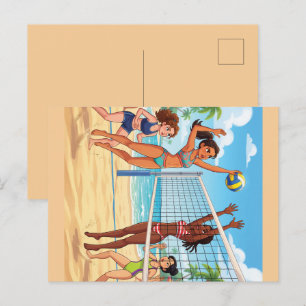 Cartão Postal De Festividades Meninas de Desenho Animado Jogando Volei de Praia