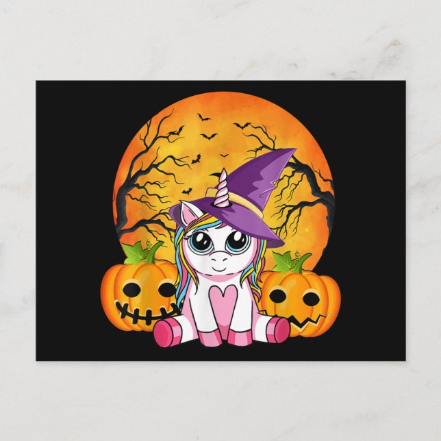 Cartão Postal De Festividades Meninas de Halloween Fofas Unicórnio Bruxo Hallowe (Frente)