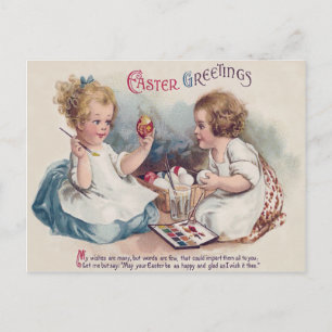 Cartão Postal De Festividades Meninas fofas pintando ovos de Páscoa