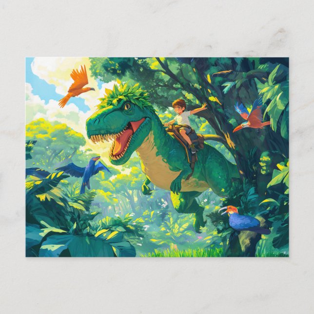 Cartão Postal De Festividades Menino animado cavalgando T-Rex na selva e pássaro (Frente)