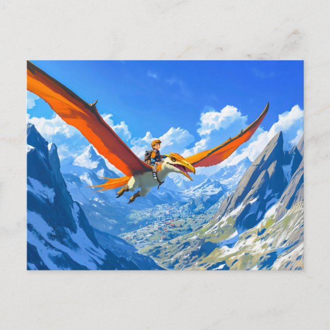 Cartão Postal De Festividades Menino animado voando em Alpes Pteranodon dinossau (Frente)