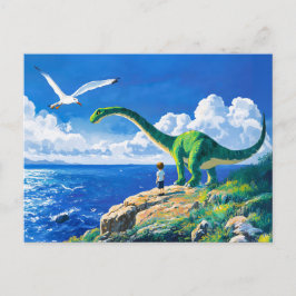 Cartão Postal De Festividades Menino anime e Brachiosaurus observando o mar
