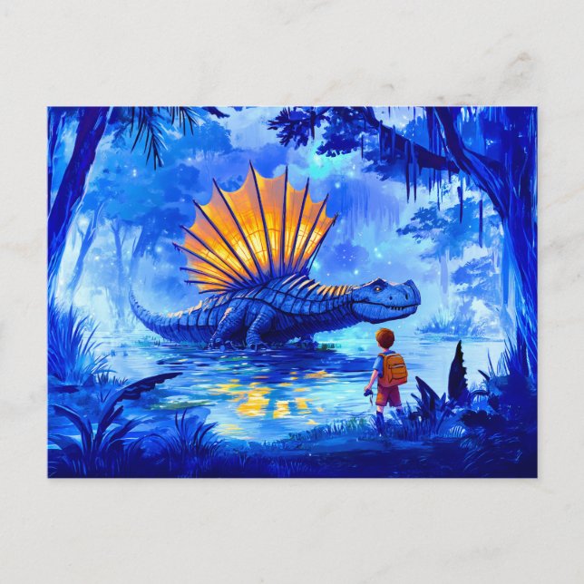 Cartão Postal De Festividades Menino anime fotografando dinossauro do pântano (Frente)