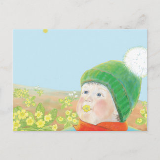 Cartão Postal De Festividades Menino com Primaveras Selvagens