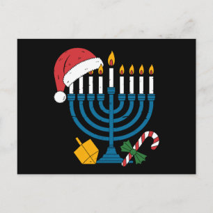 Cartão Postal De Festividades Menorá de Hanukkah Natal Chapéu do Papai Noel Pião