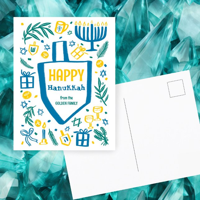 Cartão Postal De Festividades Menorá Dreidel Bonito e Excêntrico HANUKKAH PERSON (Whimsical Cute Dreidel Doodle Menorah CUSTOM HANUKKAH Holiday Postcard
)