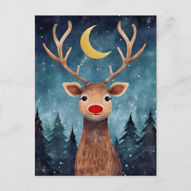 Cartão Postal De Festividades Mensagem da Lua Noite de Reindeer de Natal (Frente)