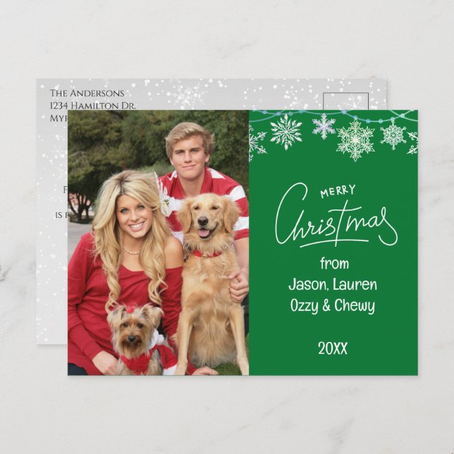 Cartão Postal De Festividades Mensagem de Fotos da Família Green Christmas (Frente/Verso)