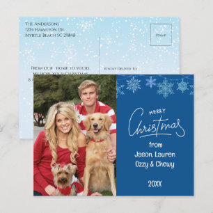 Cartão Postal De Festividades Mensagem Pets de Foto da Família Blue Christmas