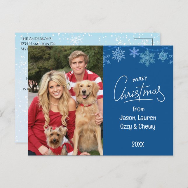 Cartão Postal De Festividades Mensagem Pets de Foto da Família Blue Christmas (Frente/Verso)