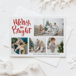 Cartão Postal De Festividades Merry and Bright Calligraphy Red Photo Collage<br><div class="desc">May your holidays be merry and bright! Send holiday wishes and greetings to family and friends with this photo collage holiday postcard. It features modern calligraphy with pine needles and berries pattern. Personalize by adding names and photos. This design is available as a flat card,  folded card and postcard.</div>