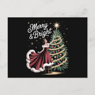 Cartão Postal De Festividades Merry And Bright Christmas Tree Vintage Lady Xmas