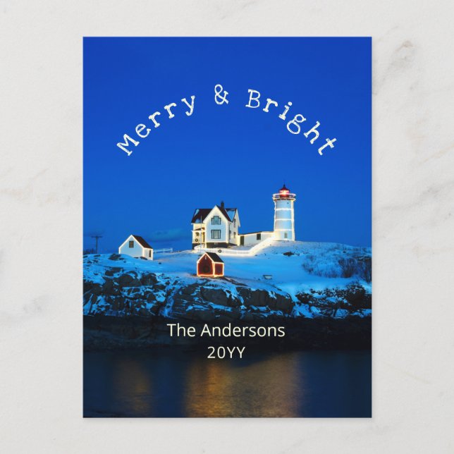Cartão Postal De Festividades Merry and Bright Nubble Lighthouse Christmas (Frente)