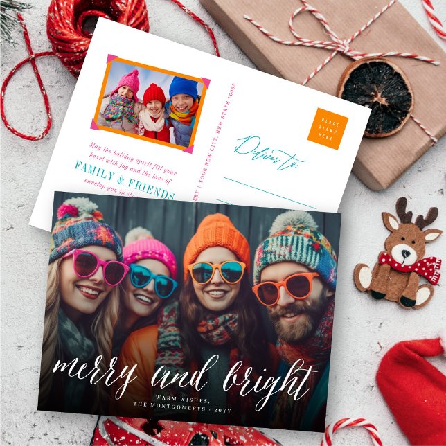 Cartão Postal De Festividades Merry and Bright Simple White Script Modern Photo (Criador carregado)