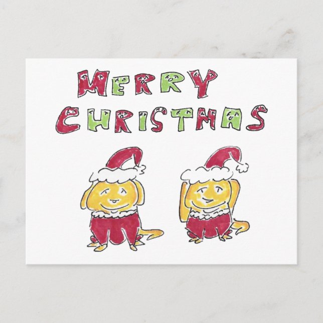 Cartão Postal De Festividades Merry Christmas Cartoon Yellow Labs  (Frente)