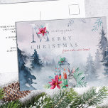 Cartão Postal De Festividades Merry Christmas from New Home Misty Winter Forest<br><div class="desc">Beautiful moving announcement postcard to let everyone know you've moved for this holiday season. Watercolor misty winter forest design with elegant lettering, rustic lantern, woodland wildlife, christmas foliage and poinsettia flowers. Wishing you a Merry Christmas from our new home can be edited for a single person or a family and...</div>