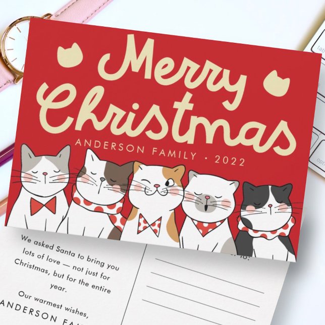 Cartão Postal De Festividades Merry Christmas Funny Cute Cats Caroling (Criador carregado)