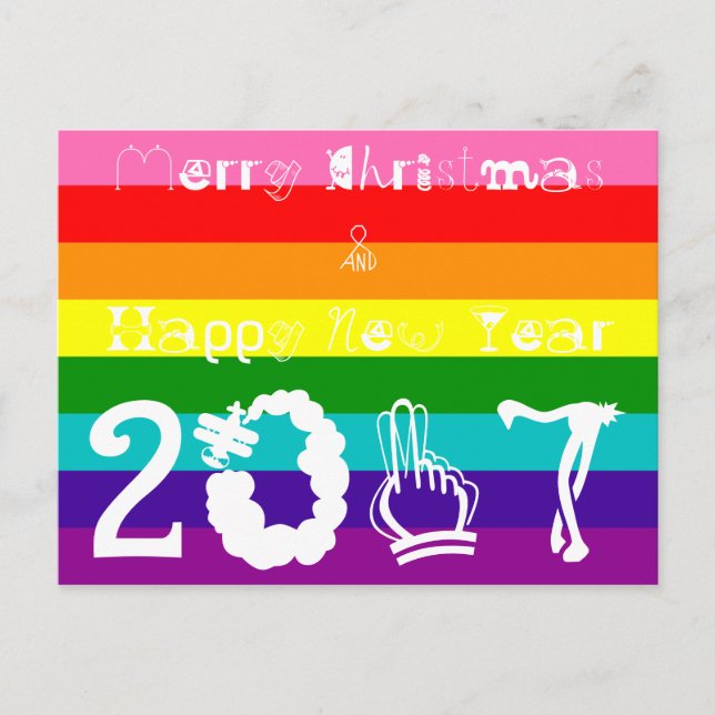 Cartão Postal De Festividades Merry Christmas Happy New Year 2017 Rainbow Flag (Frente)
