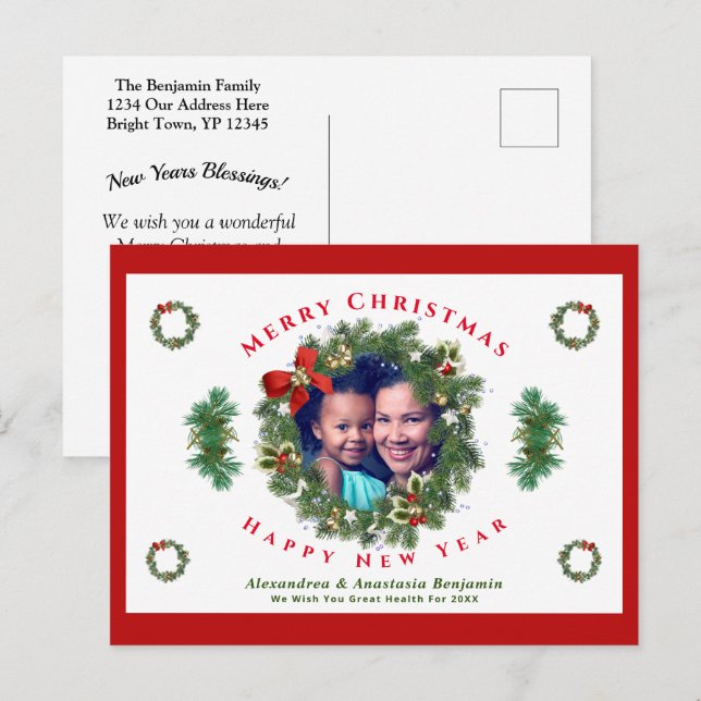Cartão Postal De Festividades Merry Christmas Happy New Year Family Photo Custom (Frente/Verso)