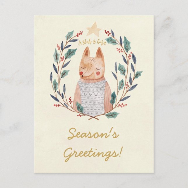 Cartão Postal De Festividades Merry Christmas holly wreath fox postcard (Frente)