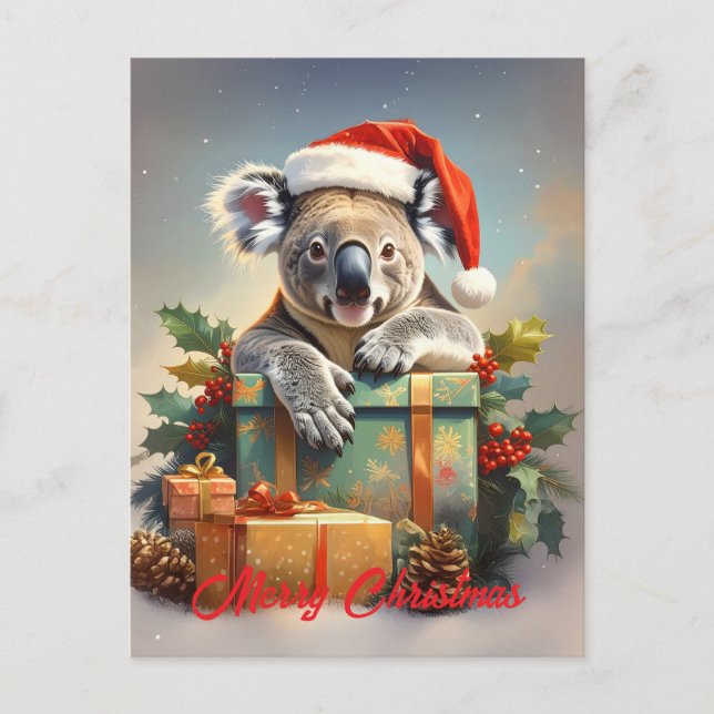 Cartão Postal De Festividades Merry Christmas Koala with presents and holly (Frente)