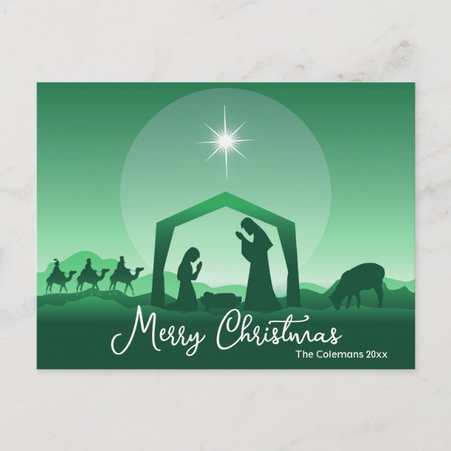 Cartão Postal De Festividades Merry Christmas Nativity Scene Green Religious (Frente)