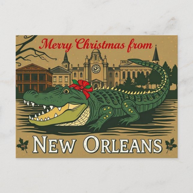 Cartão Postal De Festividades Merry Christmas New Orleans Alligator (Frente)