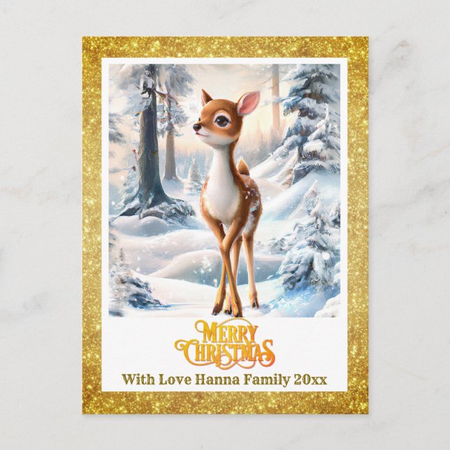 Cartão Postal De Festividades Merry Christmas Personised I Cute Baby Deer (Frente)