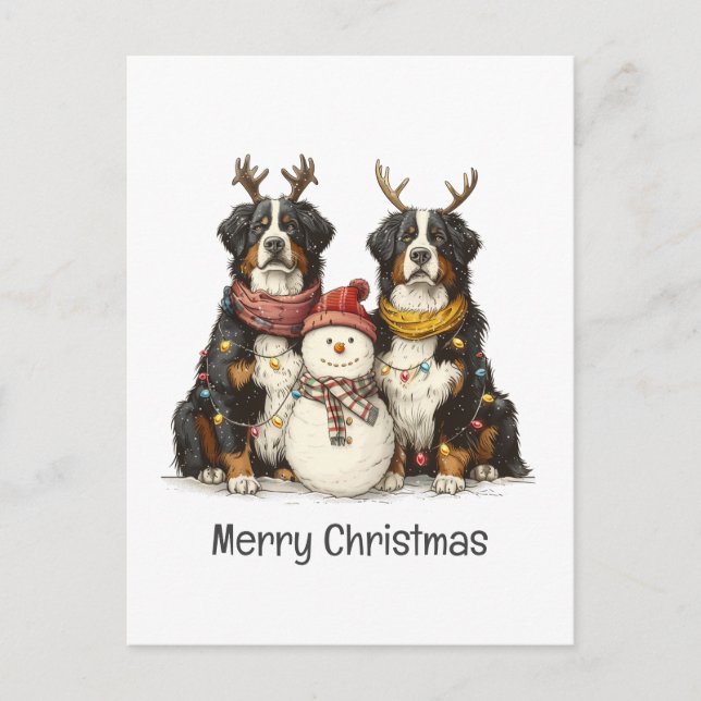 Cartão Postal De Festividades Merry Christmas Reindeer Bernese Mountain Dogs (Frente)