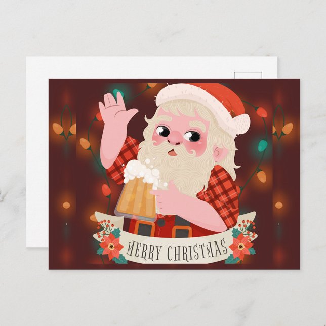 Cartão Postal De Festividades Merry Christmas Santa Claus  (Santa Claus holding a beer Merry Christmas postcard!)