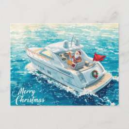 Cartão Postal De Festividades Merry Christmas Santa Sailing on a Yacht