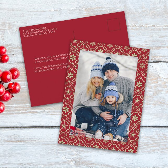 Cartão Postal De Festividades Merry Christmas Snowflake Elegant Red 1 Photo (Criador carregado)
