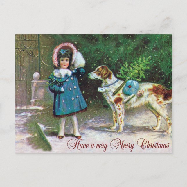 Cartão Postal De Festividades Merry Christmas with Girl and English Setter (Frente)