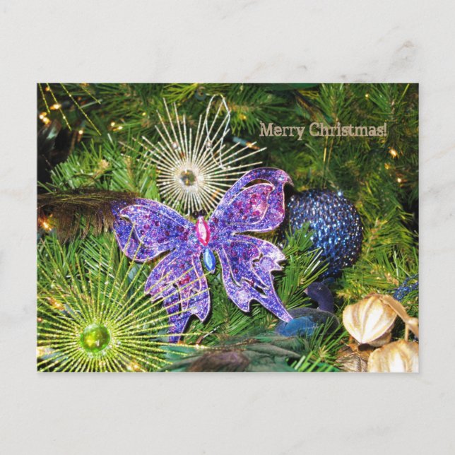 Cartão Postal De Festividades Merry Christmas with Purple Butterfly Postcard (Frente)