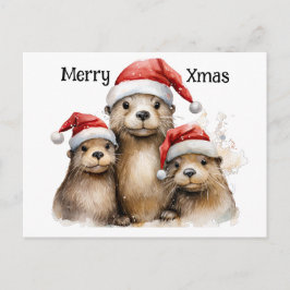 Cartão Postal De Festividades Merry Xmas Personalizável Três Otters