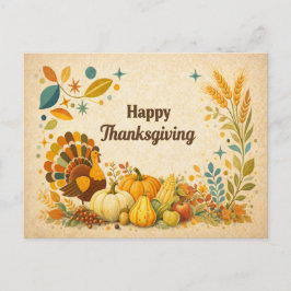 Cartão Postal De Festividades Mid Century Modern Thanksgiving Turkey Harvest