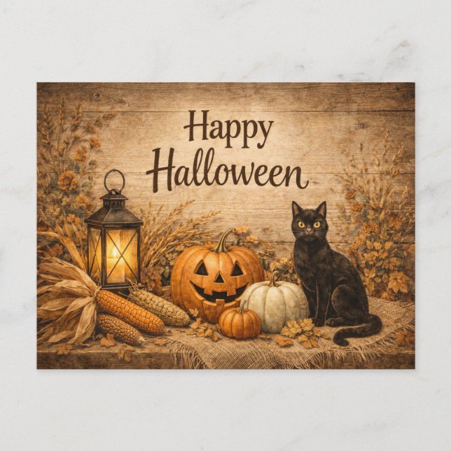 Cartão Postal De Festividades Milho de Gato Preto Rústico Halloween (Frente)