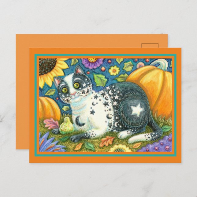 CARTÃO POSTAL DE FESTIVIDADES MILKYWAY, UM GATO MÍSTICO HALLOWEEN, LUA E ESTRELA (Frente/Verso)