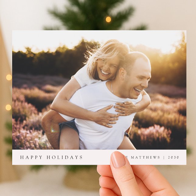 Cartão Postal De Festividades Minimal Simple Elegant Christmas Couple Photo (A simple Christmas photo postcard with classic typography and timeless minimalist charm)