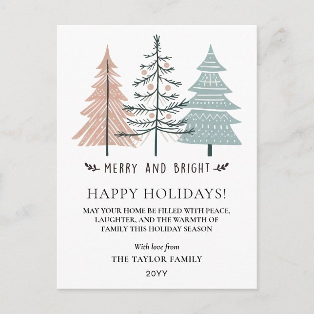 Cartão Postal De Festividades Minimalist Boho Merry and Bright Christmas Trees (Frente)