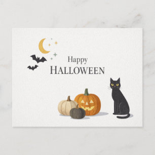 Cartão Postal De Festividades Minimalista Abóbora Laranja Gato Preto Halloween 
