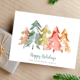 Cartão Postal De Festividades Mínimo de Pinheiros de Natal Abstrato Watercolor