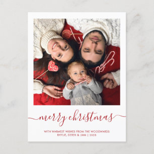 Cartão Postal De Festividades Mínimo de Script Vermelho de Natal Merry Photo