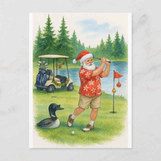 Cartão Postal De Festividades Minnesota Golfer Santa Claus joga golfe no lago (Frente)