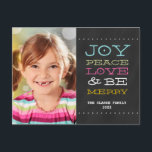 CARTÃO POSTAL DE FESTIVIDADES MODERN CHALKBOARD JOY | PHOTO HOLIDAY POSTCARD<br><div class="desc">SEND GOOD WISHES TO FAMILY AND FRIENDS WITH THIS MODERN JOY BLACK CHALKBOARD PHOTO HOLIDAY GREETING CARD. ELKE CLARKE© FOR MONOGRAM GALLERY. JOY, PEACE, LOVE AND BE MERRY. You can "customize it" and change the color of the words to match your photo. Add your own photo, greeting message and text...</div>