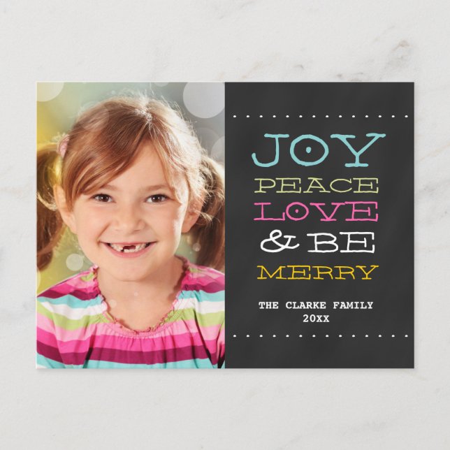 CARTÃO POSTAL DE FESTIVIDADES MODERN CHALKBOARD JOY | PHOTO HOLIDAY POSTCARD (Frente)