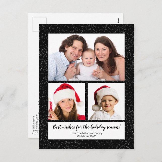Cartão Postal De Festividades Modern DIY 3 Photo Name Year Script Snowy Black (Frente/Verso)