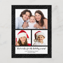 Cartão Postal De Festividades Modern DIY 3 Photo Name Year Script Snowy Black