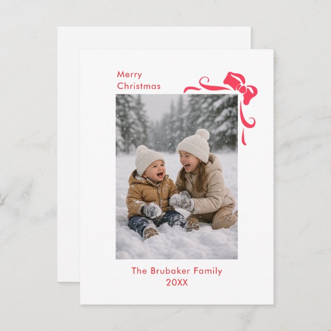 Cartão Postal De Festividades Modern Festive Red Bow Merry Christmas Photo (Frente/Verso)