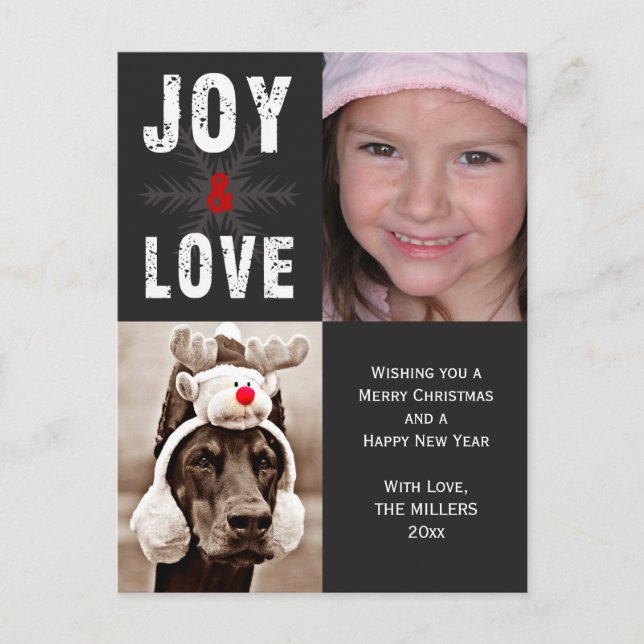 Cartão Postal De Festividades Modern Joy & Love Christmas Holiday Photo (Frente)